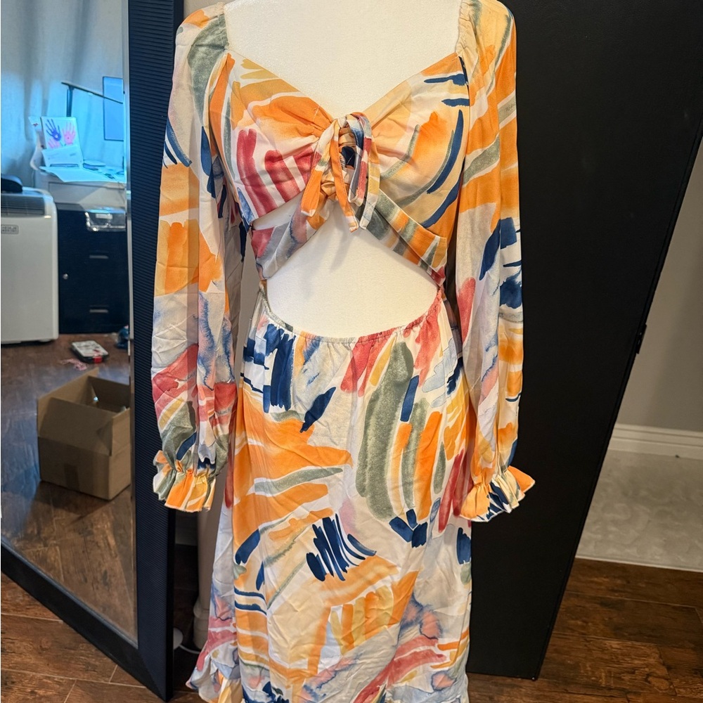 Cutout Tie-Front Maxi Dress in Abstract Multi-Color